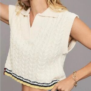Maeve by Anthropologie Cotton/Wool Blend Polo Collar Crop Cable Knit Sweater XS